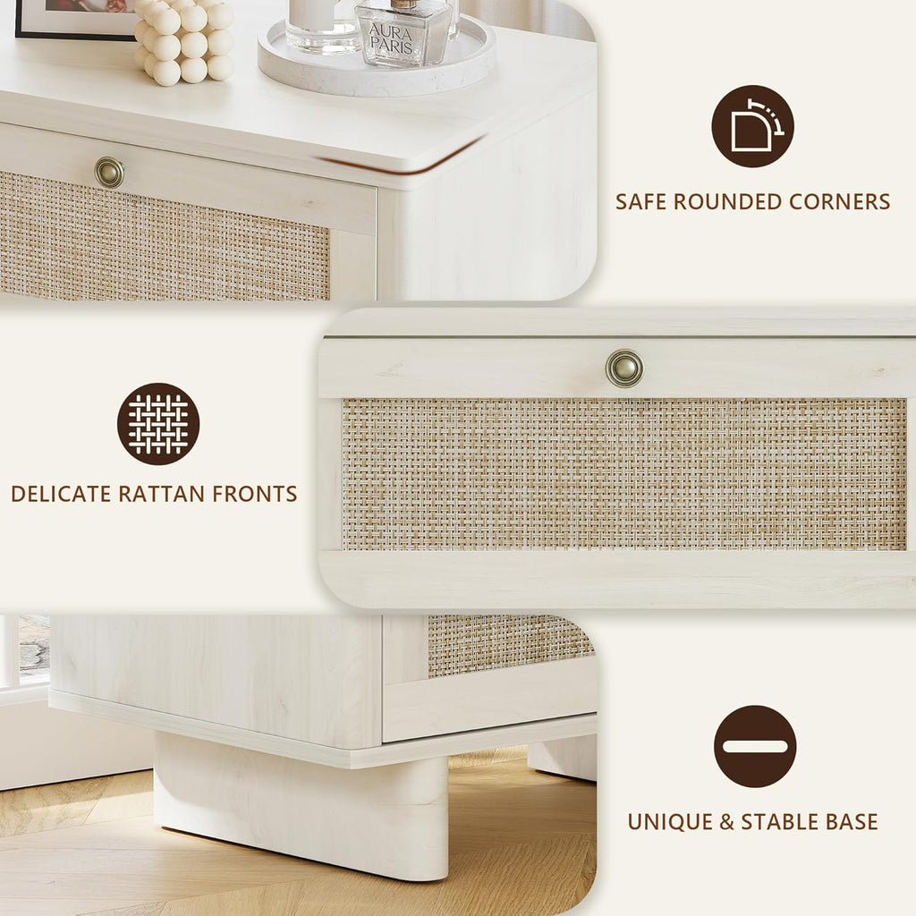 LAZZO White Nightstands Set of 2 with Rattan Drawers, Modern Bedside Table | 23.6 inch Night Stand with Large Storage Space for Bedroom Living Room Office, White Oak Texture, 4 Vintage Brass Handles