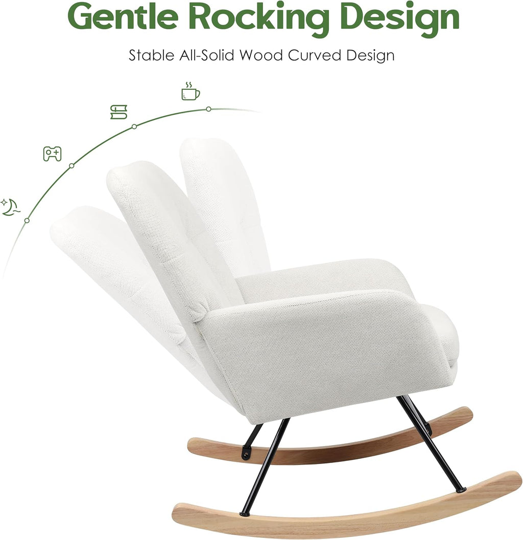 Nursery Rocking Chair Upholstered, High Backrest Glider Rocker Accent Chair with Padded Removable Cushion Comfy Nursing Chair for Living Room Bedroom Office, Beige