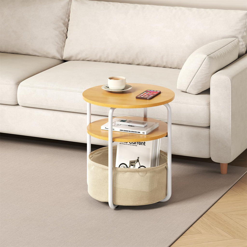 Small Round Side Table with Storage Bag, 3-Tier Accent Round End Table with Fabric Bin, 23.6" High Vintage Small Corner Table for Compact Spaces, Sofa Side Table, Nightstand for Bedroom