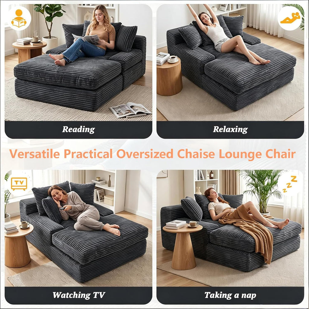 Vipbear Premium 69" Oversized Chaise Lounge Chair Indoor, Corduroy Cloud Boneless Sofa Bed Couch with Pillows&Wide Armrests for Living Room, Gray
