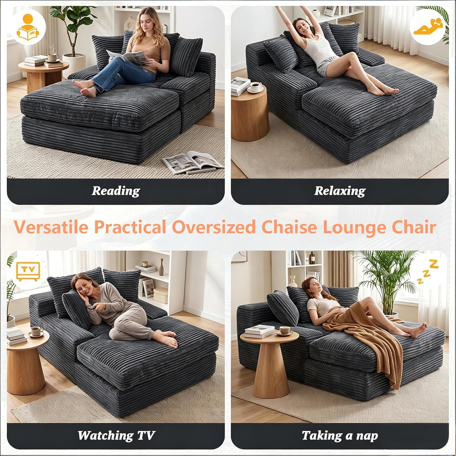 Vipbear Premium 69" Oversized Chaise Lounge Chair Indoor, Corduroy Cloud Boneless Sofa Bed Couch with Pillows&Wide Armrests for Living Room, Gray