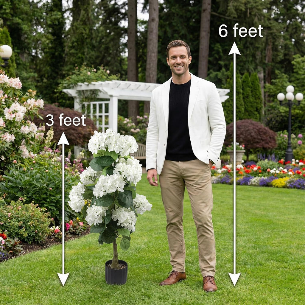 2 Pcs 3 Ft Artificial Hydrangea Trees Potted, UV Resistant Faux Silk Hydrangea Plant in Pot for Indoor Outdoor Decoration, Hydrangea Topiary for Garden Office Home Porch Patio Decor (2, White)
