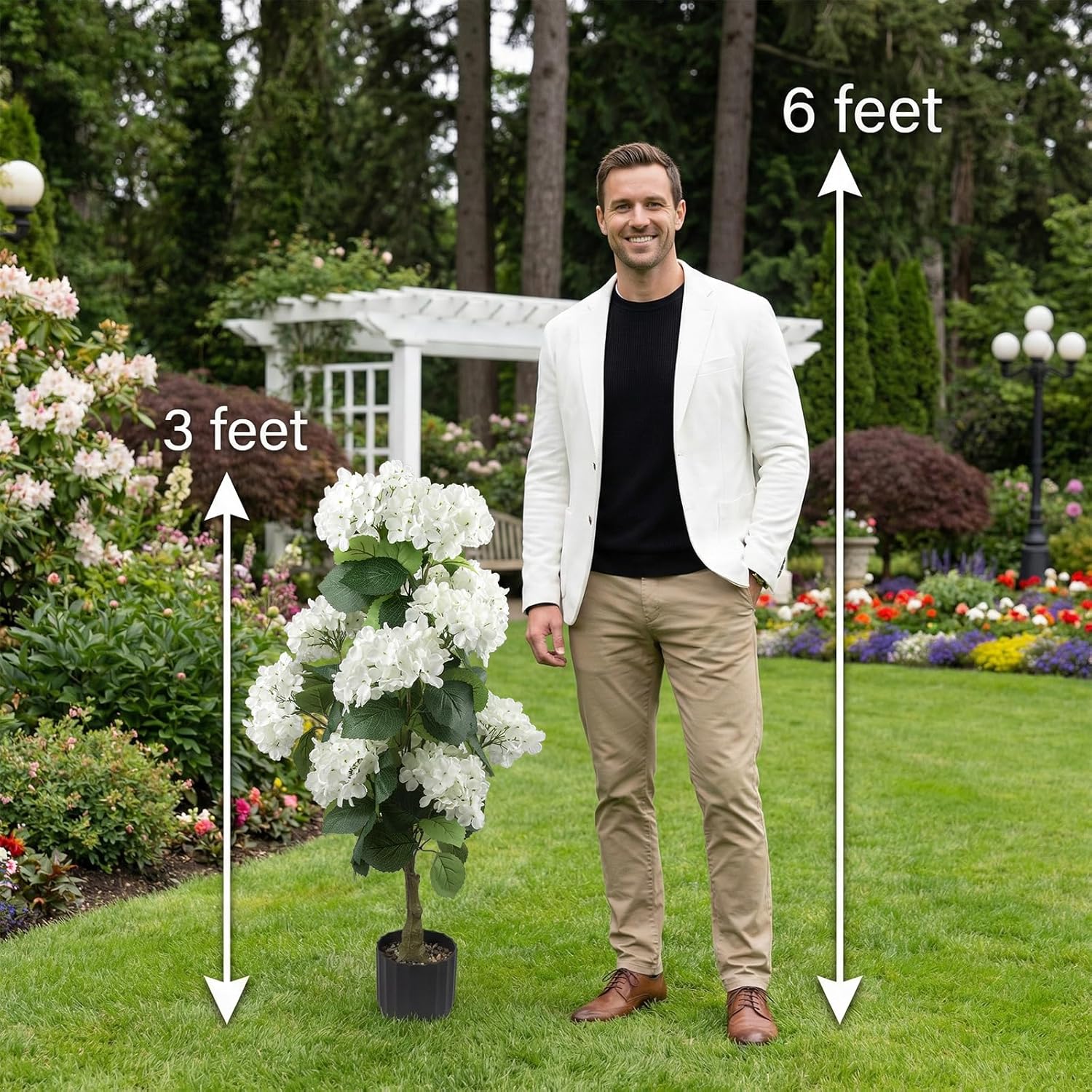 2 Pcs 3 Ft Artificial Hydrangea Trees Potted, UV Resistant Faux Silk Hydrangea Plant in Pot for Indoor Outdoor Decoration, Hydrangea Topiary for Garden Office Home Porch Patio Decor (2, White)