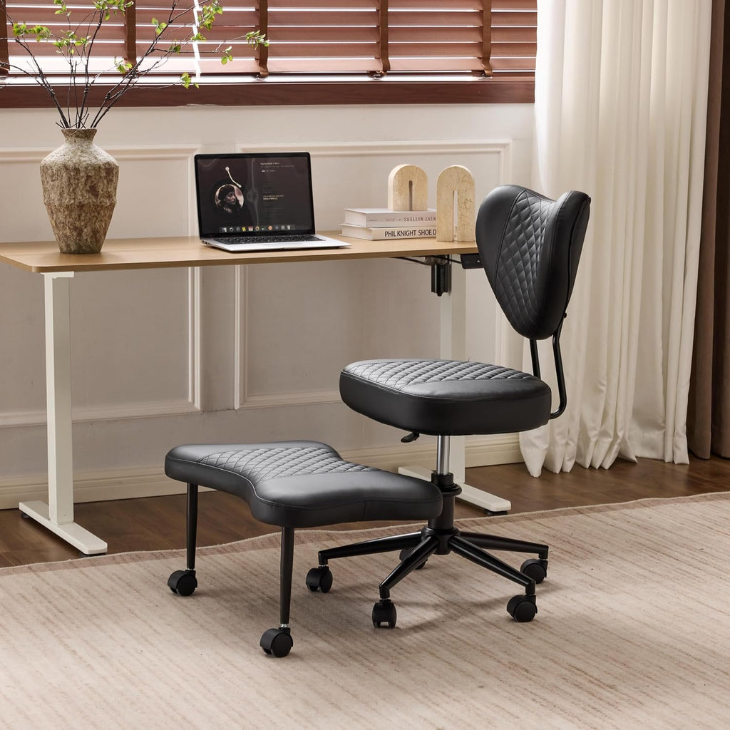 Ergonomic Meditation Chair with Lumbar Support, 360° Swivel Base and Adjustable Seat Cushion, Black PU Leather for Yoga Office, 300 lb Capacity