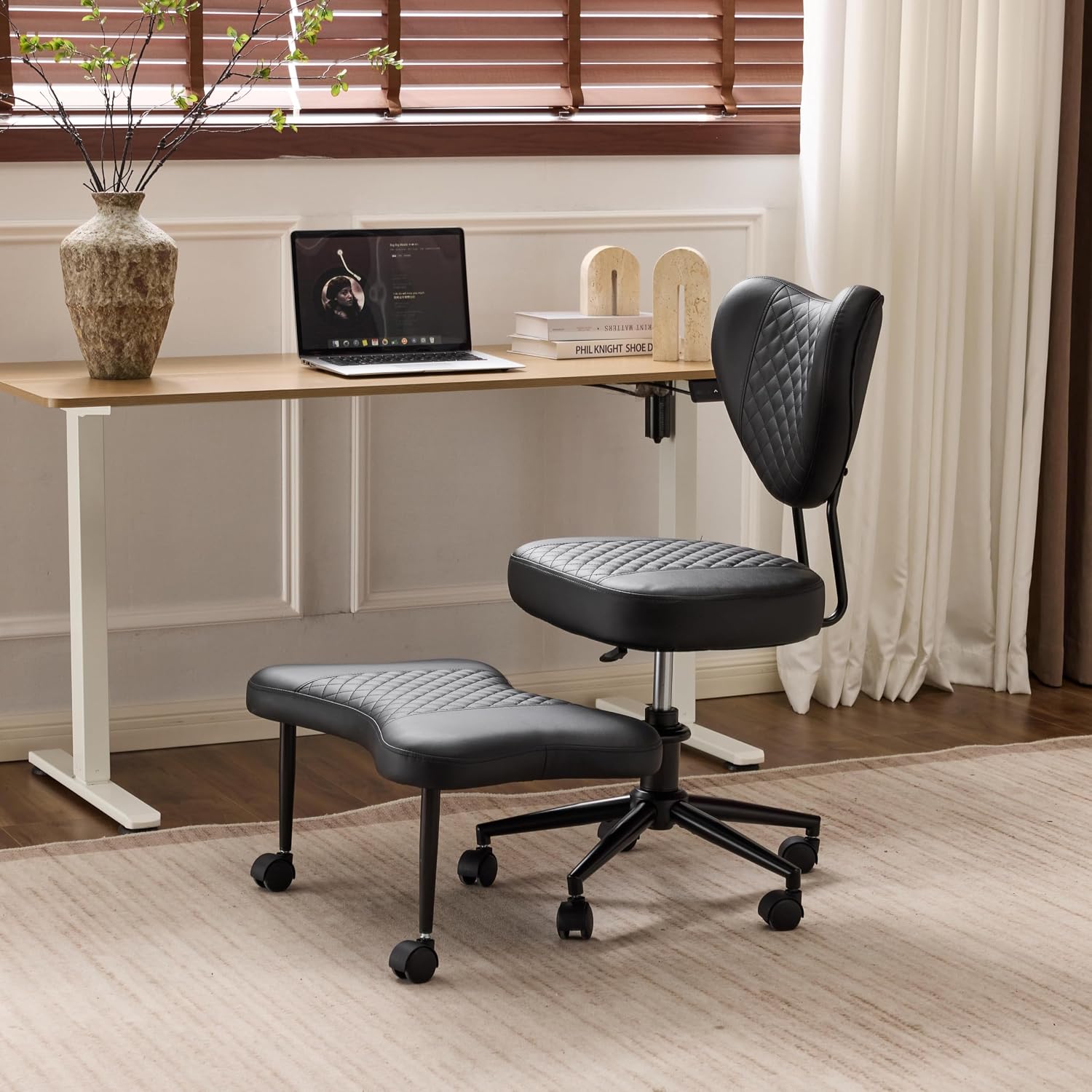 Ergonomic Meditation Chair with Lumbar Support, 360° Swivel Base and Adjustable Seat Cushion, Black PU Leather for Yoga Office, 300 lb Capacity
