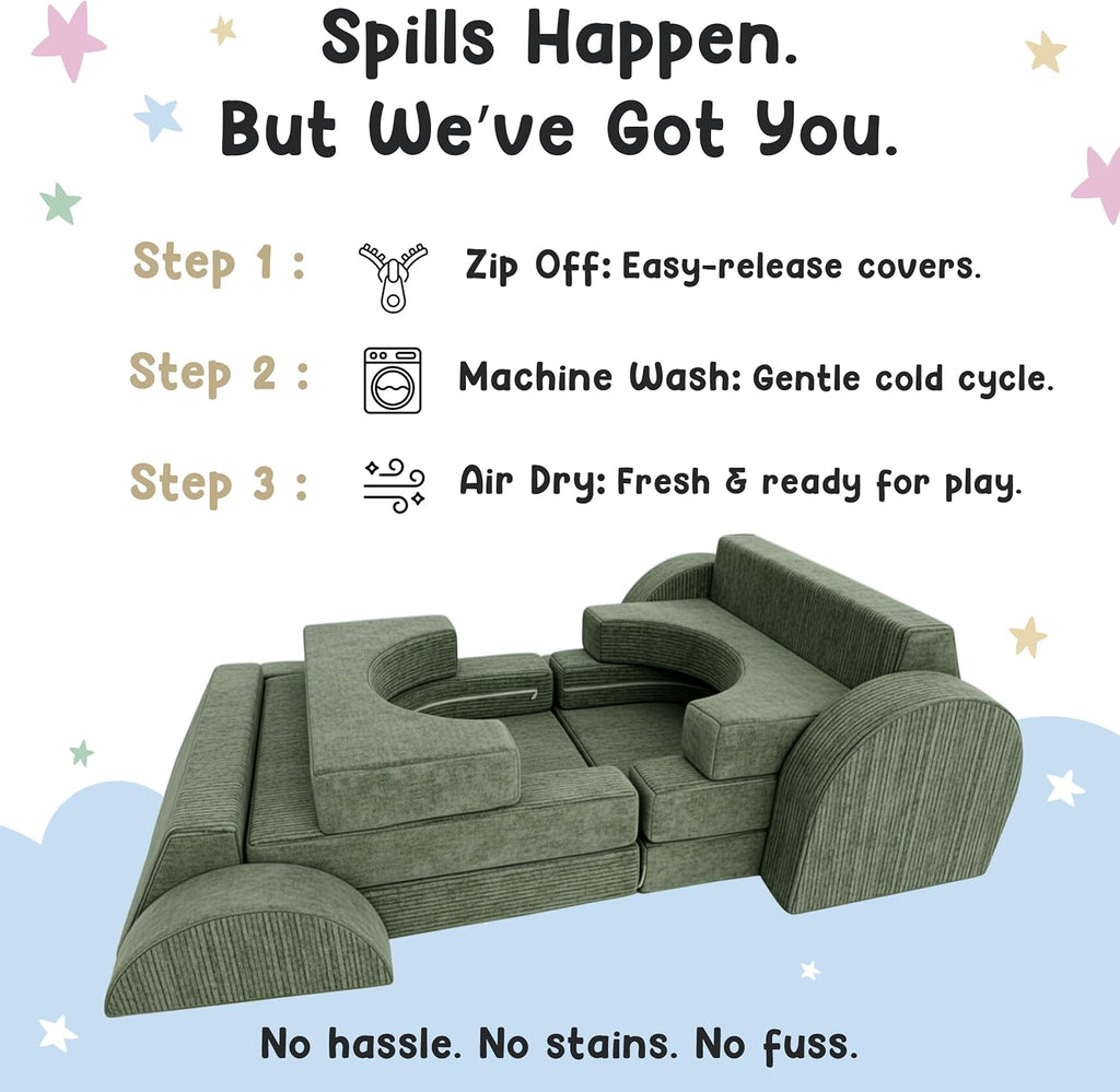 12-Piece Modular Kids Play Couch - Soft & Durable Toddler Couch with CertiPUR US Foam, Washable Covers - Playroom Furniture, Kids Sofa for Lounge, Living Room & Playroom - Green