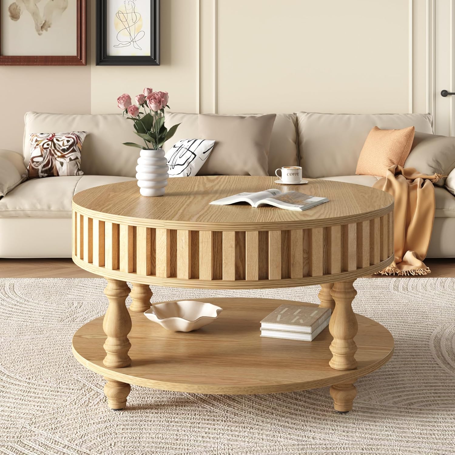TesNus 31.5'' Round Coffee Table with Storage, Modern Wood Coffee Table for Living Room, Small Center Table with Hidden Compartment & Open Shelf, Farmhouse Boho Mid Century Coffee Tables, Natural Wood