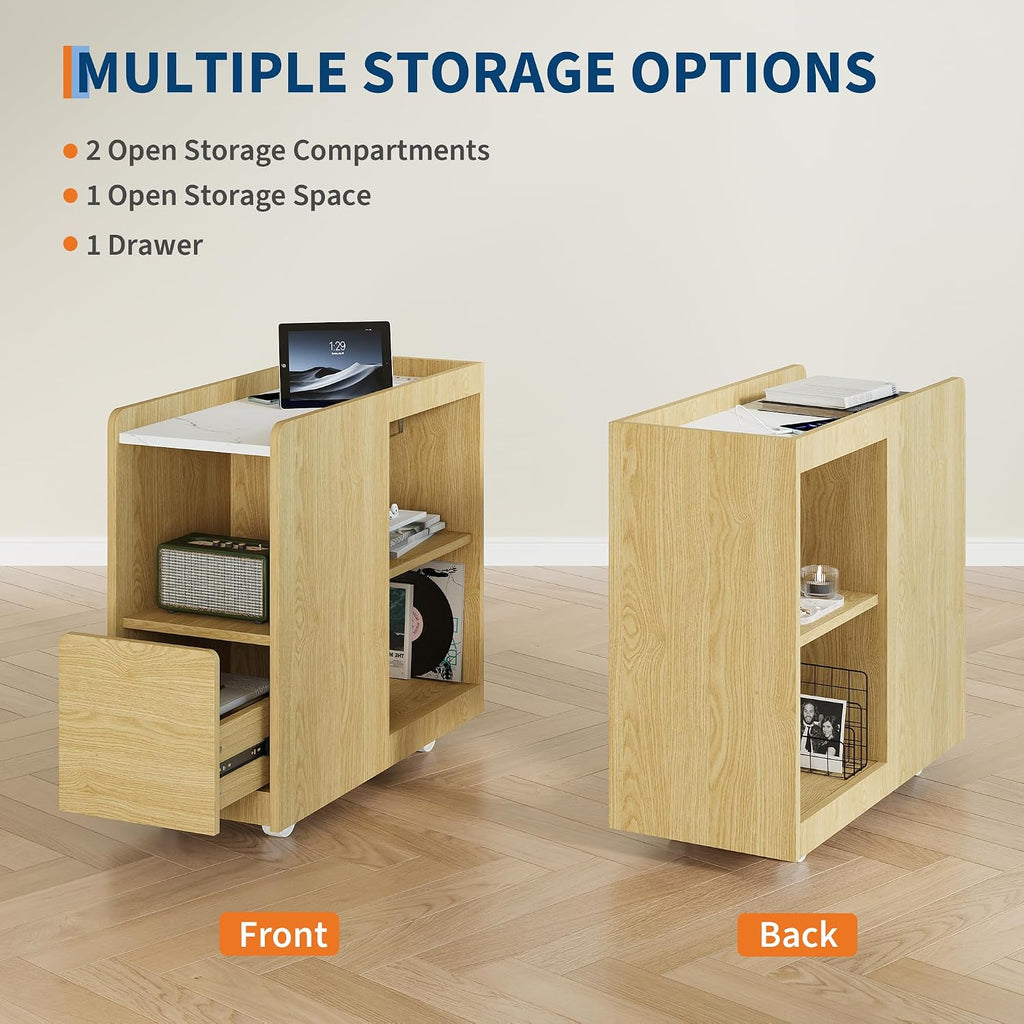 End Table with Charging Station, Mobile Side Table with Drawer, 3-Level Adjustable Shelf, 2 AC Outlets, Lockable Wheels, Nightstand for Living Room, Bed Room, Kitchen