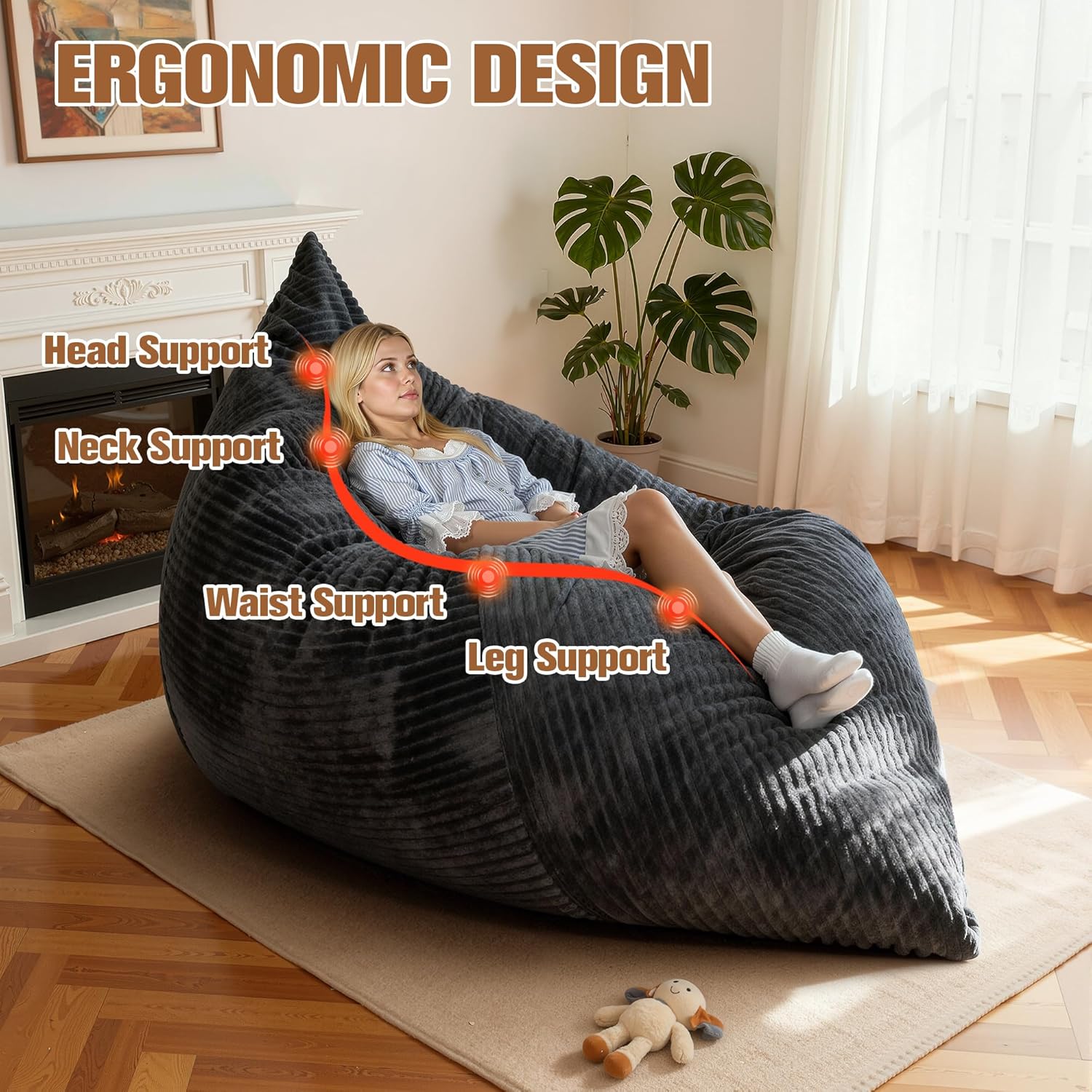 nalone 6.4 FT Giant Bean Bag Chair for Adults, 4 in 1 Memory Foam Filled Beanbag Chair, Floor Sofa Bed with Fluffy Washable Flannel Cover, Lounge Couch for Bedroom, Living Room (Grey)