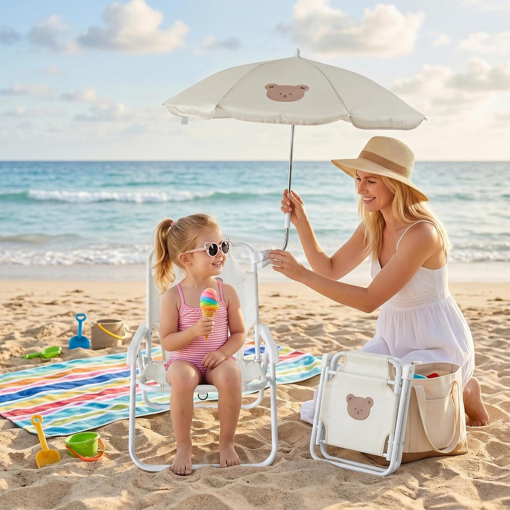 Kids Beach Chair with Umbrella, Foldable Toddler Chair with Sun Shade, Portable Beach Camping Pool Fishing, 37x30x50 cm, Bear Pattern
