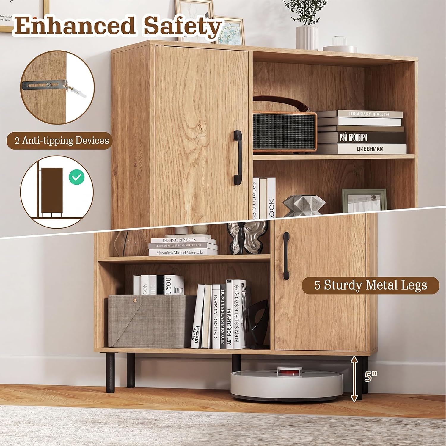 Giantex 47-Inches Storage Cabinet with Doors, Open Shelves, Anti-Tipping Device, 4-Tier Bookcase for Books & Photos, Tall Cupboard, Floor Cabinet for Living Room, Kitchen Buffet Sideboard (Natural)