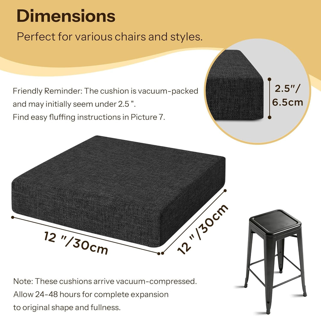 2.5" Thick Bar Stool Cushions with Ties Non-Slip 12"X12" Square Bar Stool Cushion with Machine Washable Cover Set of 4 Indoor Small Chair Pads for Cafe Bistro Stackable Metal Chair Black