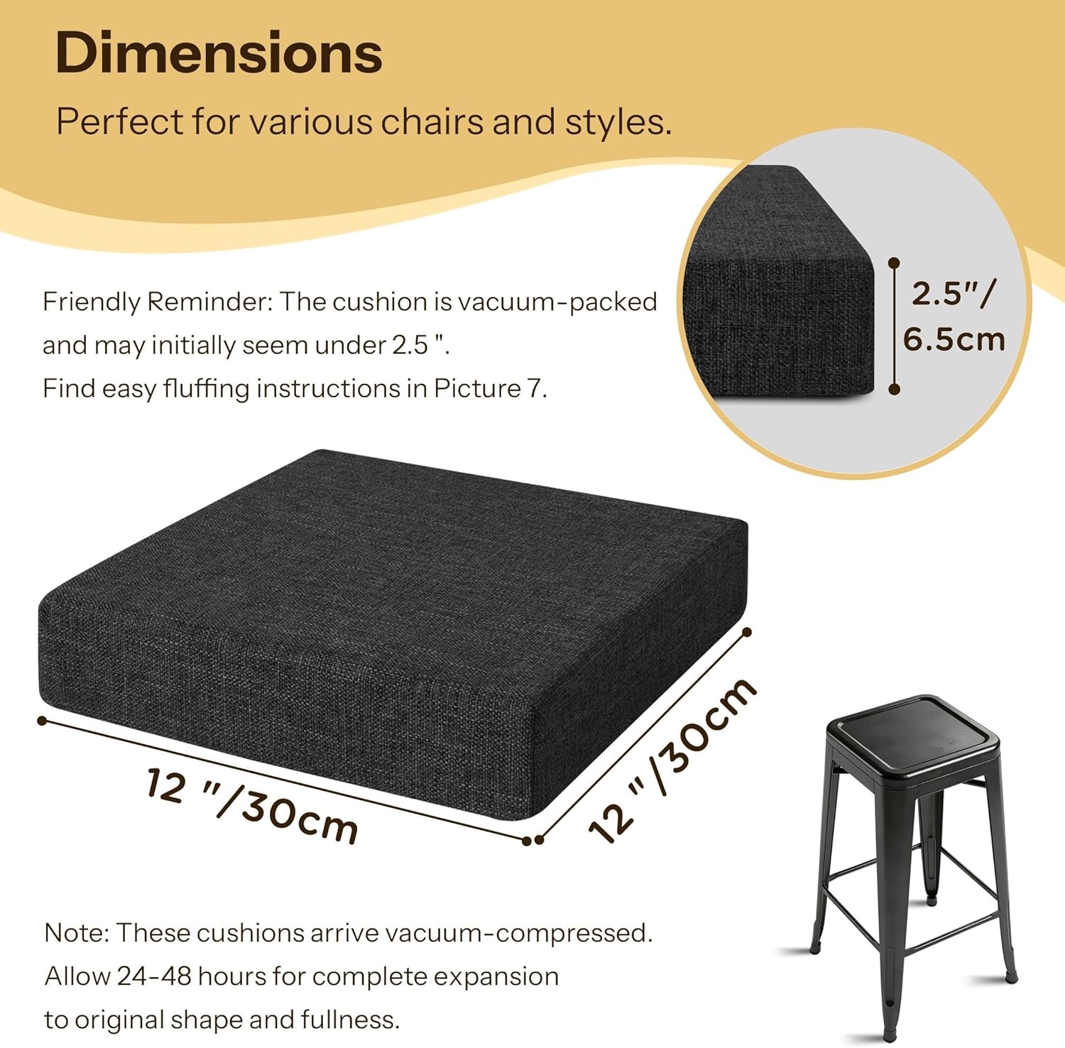 2.5" Thick Bar Stool Cushions with Ties Non-Slip 12"X12" Square Bar Stool Cushion with Machine Washable Cover Set of 4 Indoor Small Chair Pads for Cafe Bistro Stackable Metal Chair Black