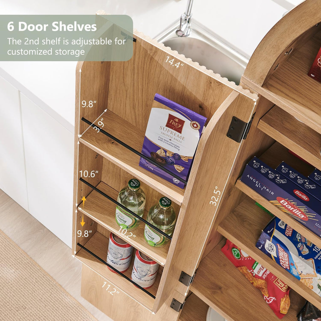 IFGET 71" Tall Arched Kitchen Pantry, Modern Fluted Wood Storage Cabinet with Doors, 3 Adjustable Shelves, 6 Door Shelves, Organizer, Versatile Cupboard for Kitchen, Bathroom, Natural