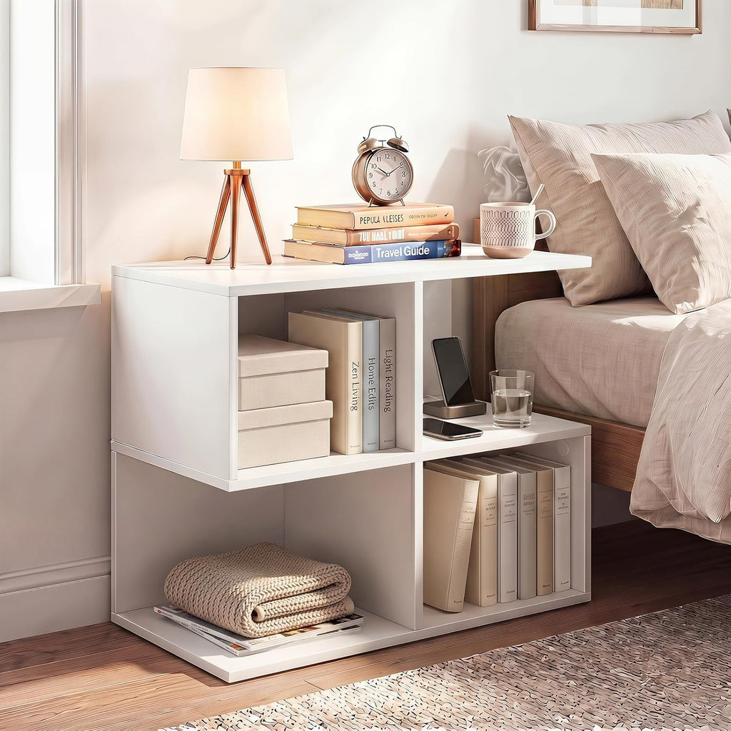 Giantex 4-Cube Book Shelf, 17'' Modern S-Shaped Couch End Sofa Side Table with Storage, Wood Cube Organizer, Small Bookshelf for Living Room Bedroom Home Office Dorm, White (1)