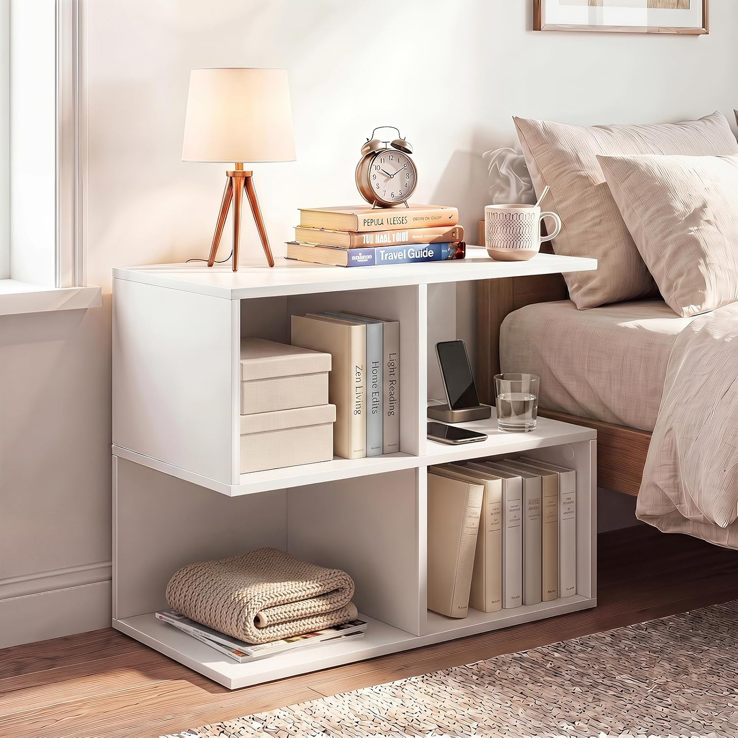 Giantex 4-Cube Book Shelf, 17'' Modern S-Shaped Couch End Sofa Side Table with Storage, Wood Cube Organizer, Small Bookshelf for Living Room Bedroom Home Office Dorm, White (1)