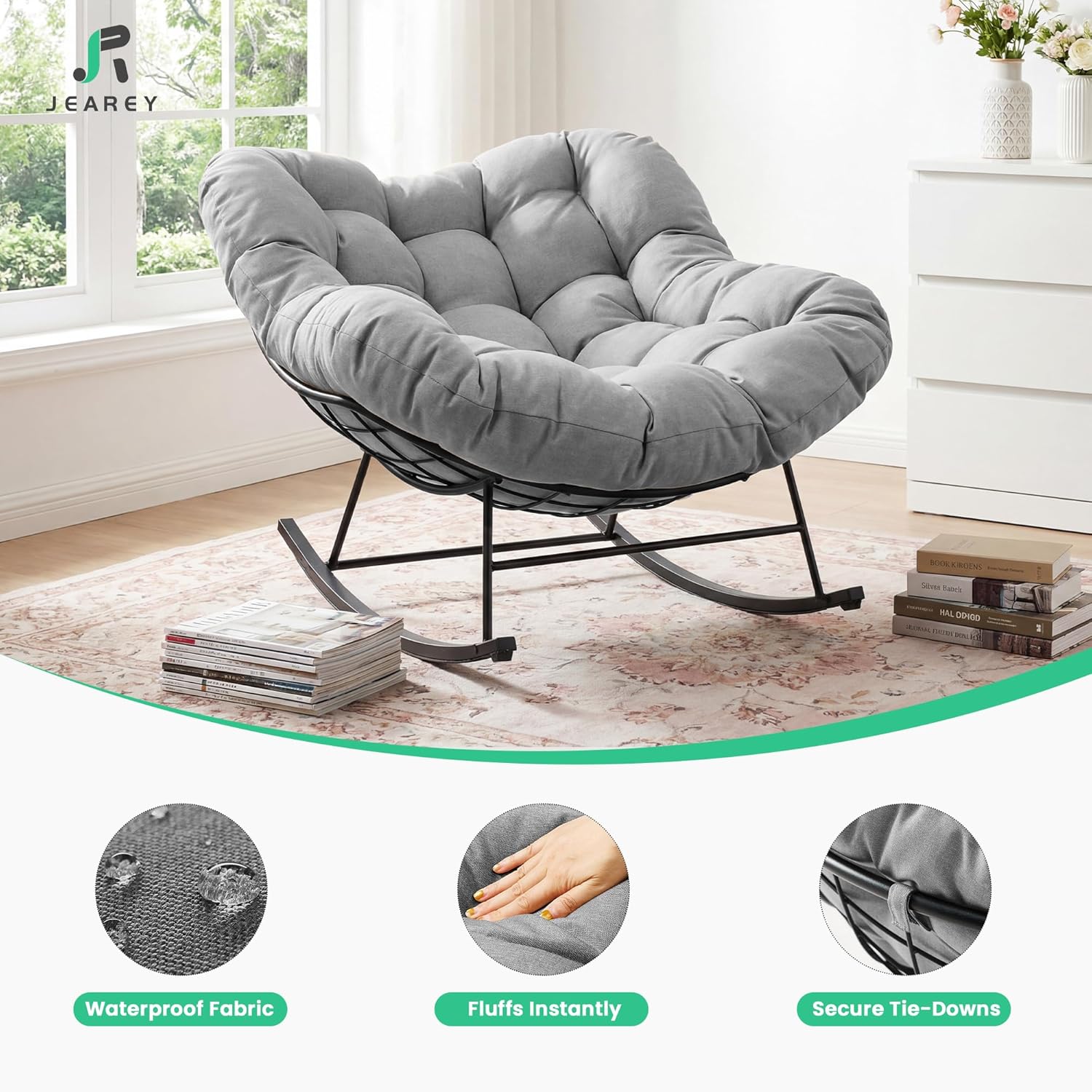 JEAREY Outdoor Papasan Rocking Chair, Oversized Patio Rocker, Comfy Egg Chair for Bedroom, Living Room, Garden, Porch, Lawn, Grey
