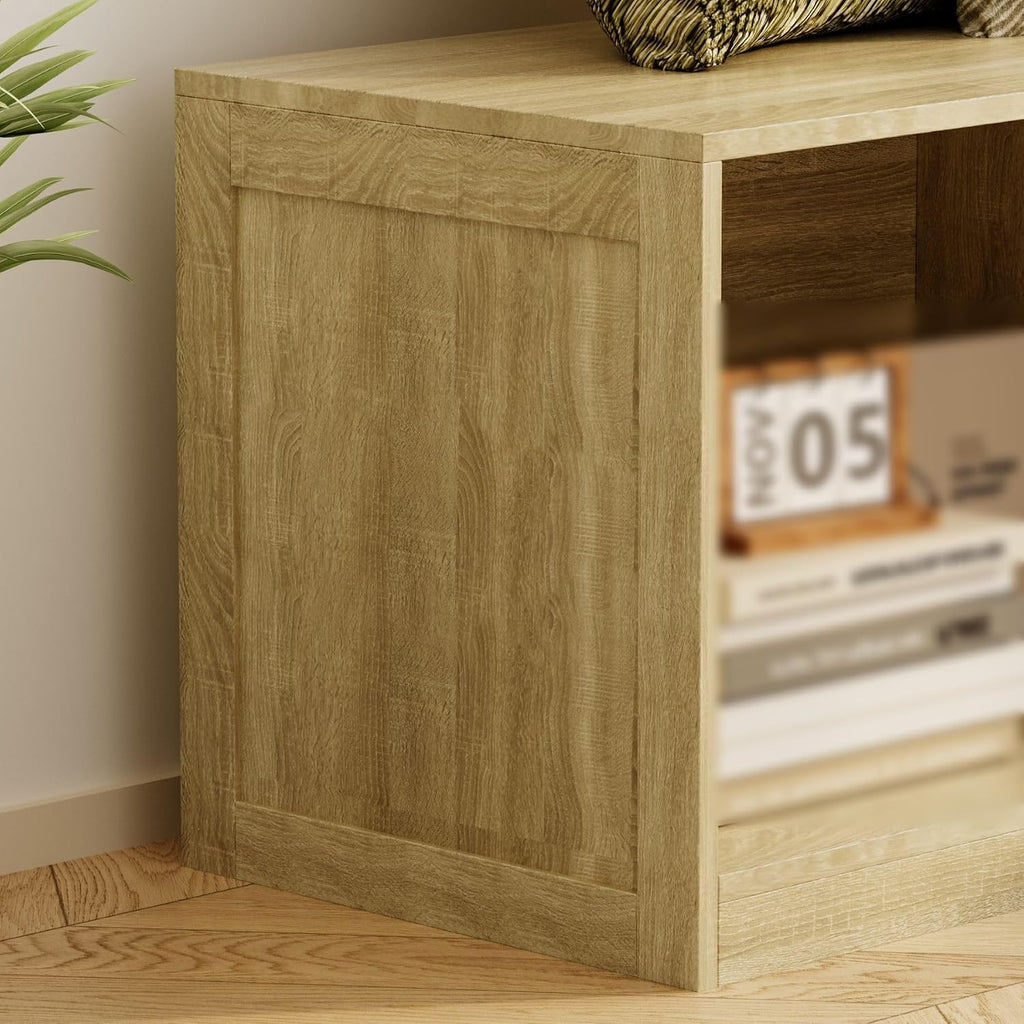 L-Shaped Corner Banquette Storage Bench, Entryway Bench with Open Shoe Storage Shelves for Bedroom, Kitchen Breakfast Nook Corner Benches for Dining Room, Living Room,Oak Color (No Cushion)
