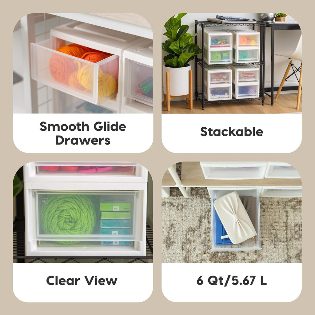 IRIS USA 6 Qt. Small Plastic Stacking Drawer, Stackable Storage Organizer Unit with Sliding Drawer for Bedroom Kitchen Under Sink Pantry Craft Room Dorm Office, White, 4-Pack