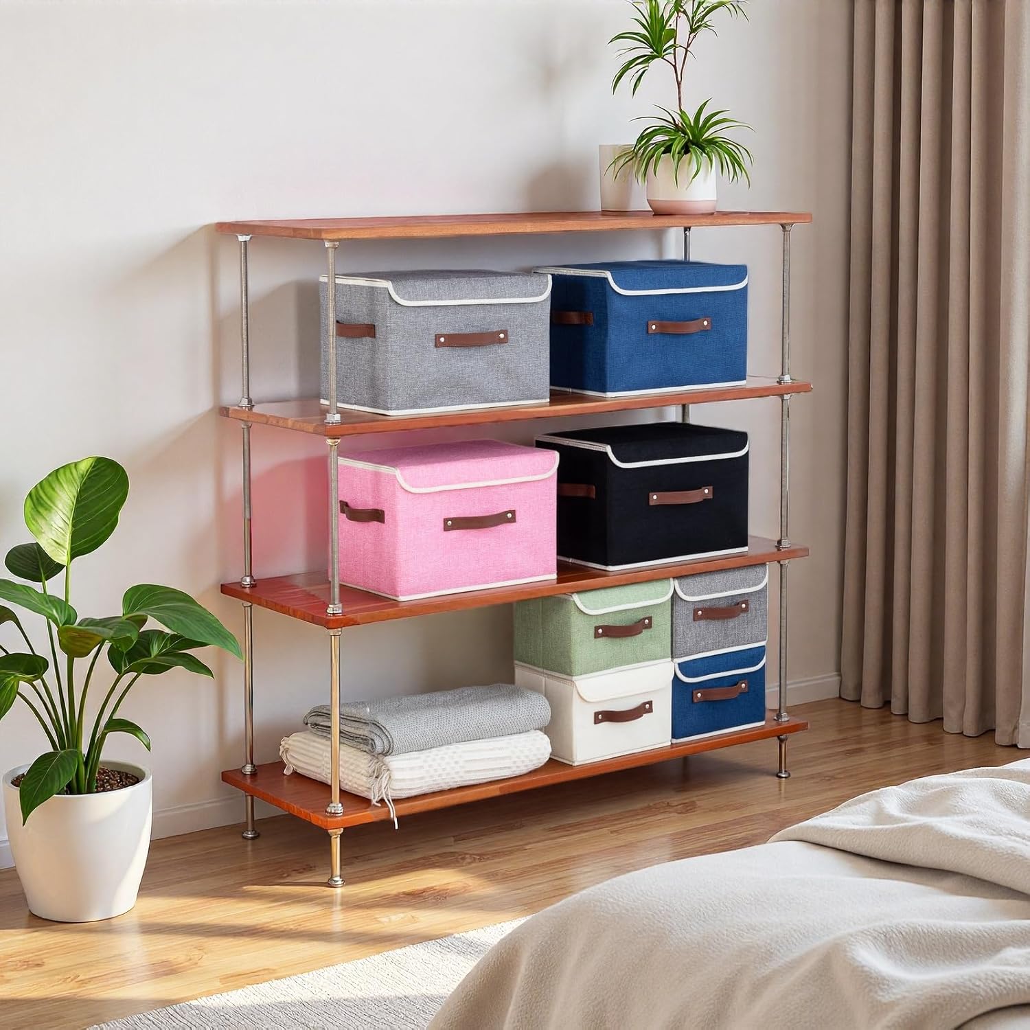 Collapsible Storage Boxes Baskets with Lid Cotton Linen Fabric Storage Bins with Faux Leather Handles Decorative Washable Cube Organizer Container for Home Closet Bedroom (Blue, Small Size)