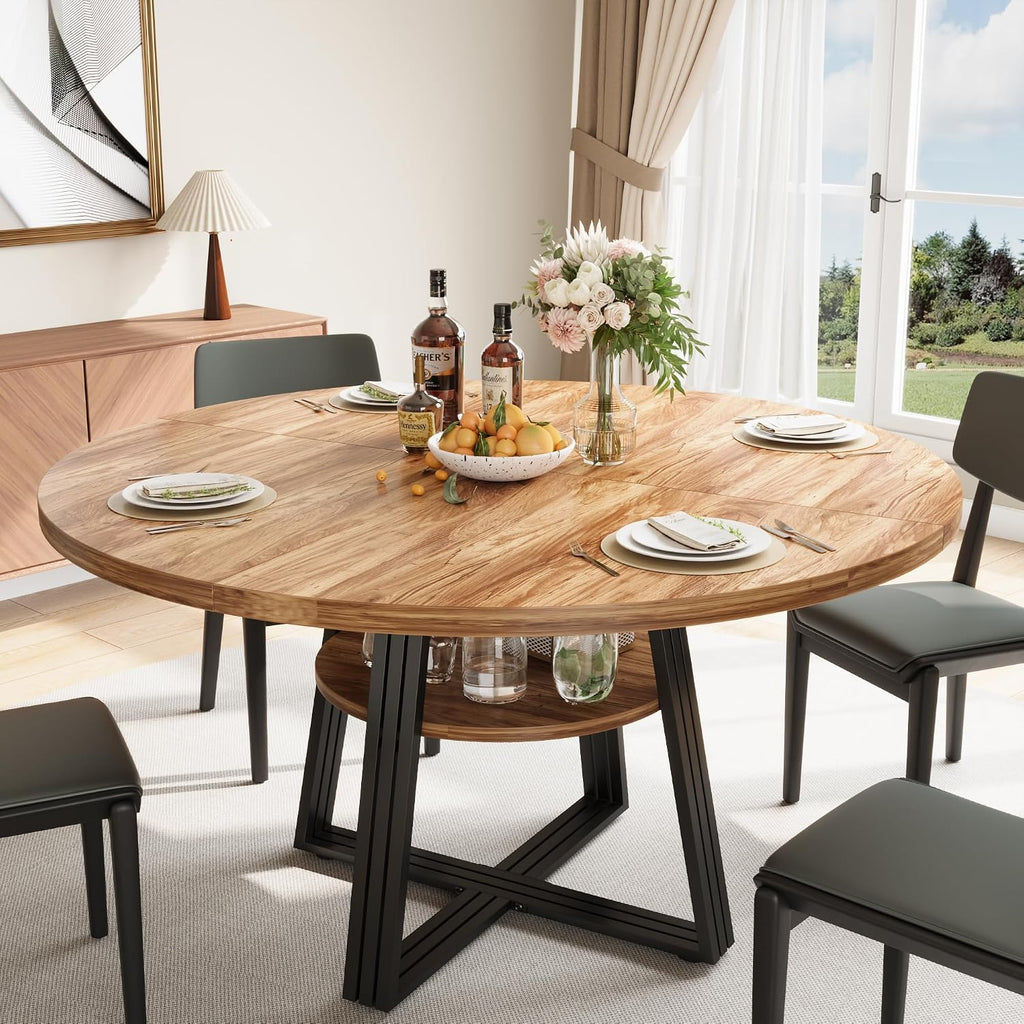 Garvee 47" Inch Round Dining Table for 4, Farmhouse Dining Room Circle Dinner Table,Space Saving Wood Kitchen & Dining Room Furniture, Round Tables with Storage and Metal Square Legs, Brown