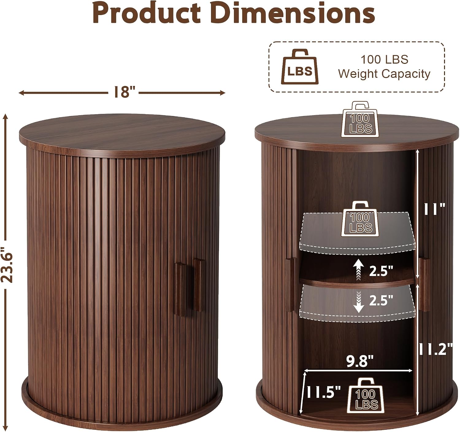 wanan Round Fluted End Table Set of 2, Tall Side Table with Sliding Tambour Door and Adjustable Storage Shelf, Modern Bedside Table, Nightstand for Living Room, Bedroom (Walnut)