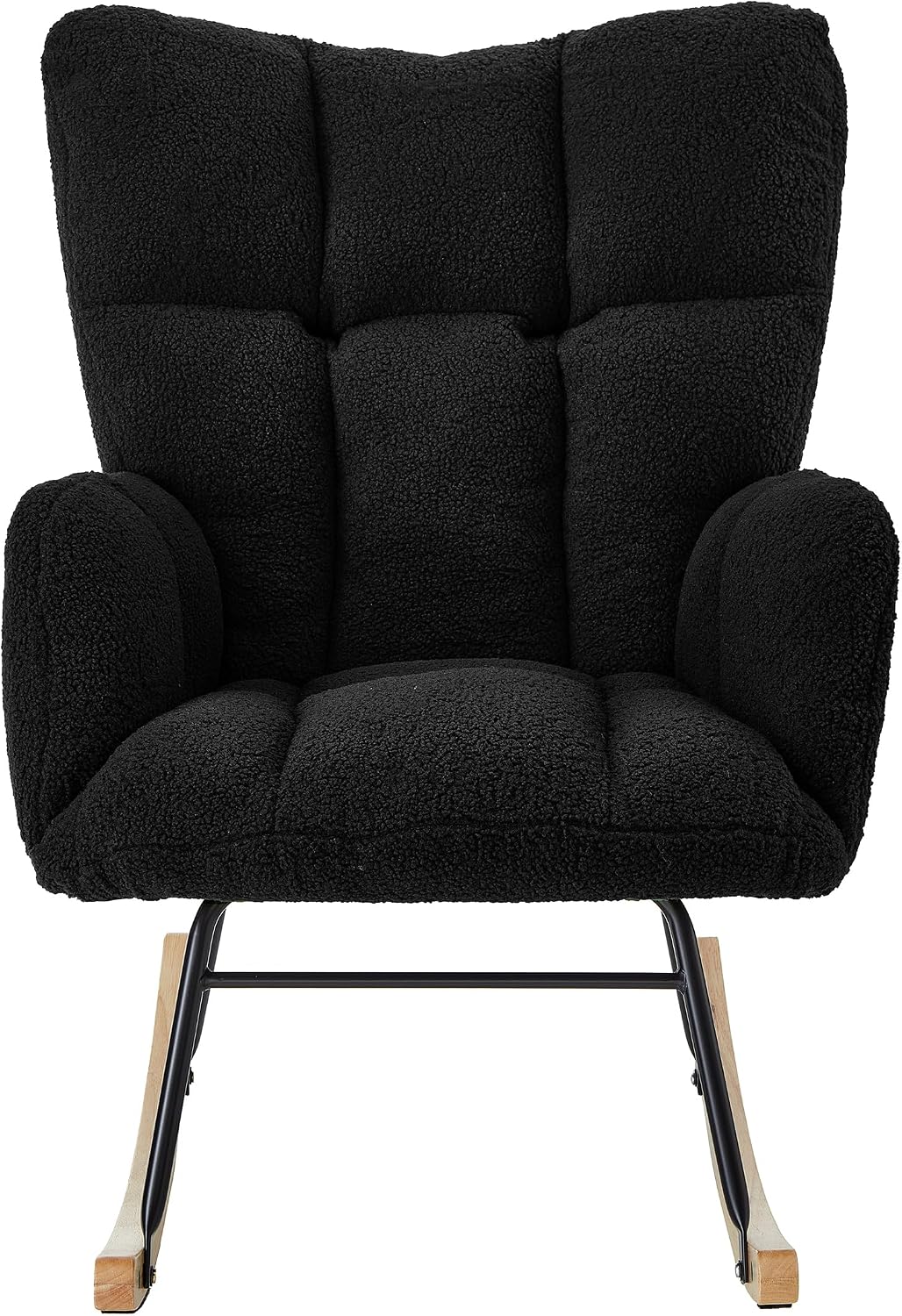 Glider Chair for Living Room, Teddy Upholstered Glider Rocker with High Backrest Armchair, Modern Rocking Accent Chairs Armchair Comfy Chair for Nursery Living Room Bedroom (Black)
