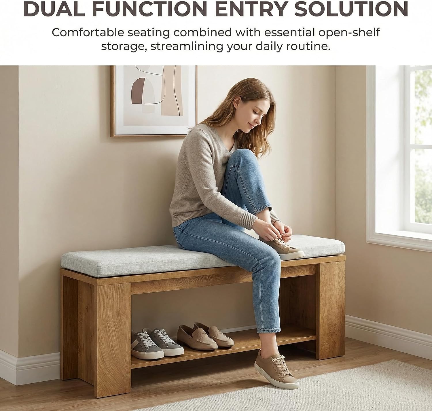 Tribesigns Upholstered Entryway Bench, 47-Inch Long Farmhouse End of Bed Bench with Padded Seat and MDF Frame, Rustic Indoor Cushion Seat for Entrance, Hallway, Bedroom