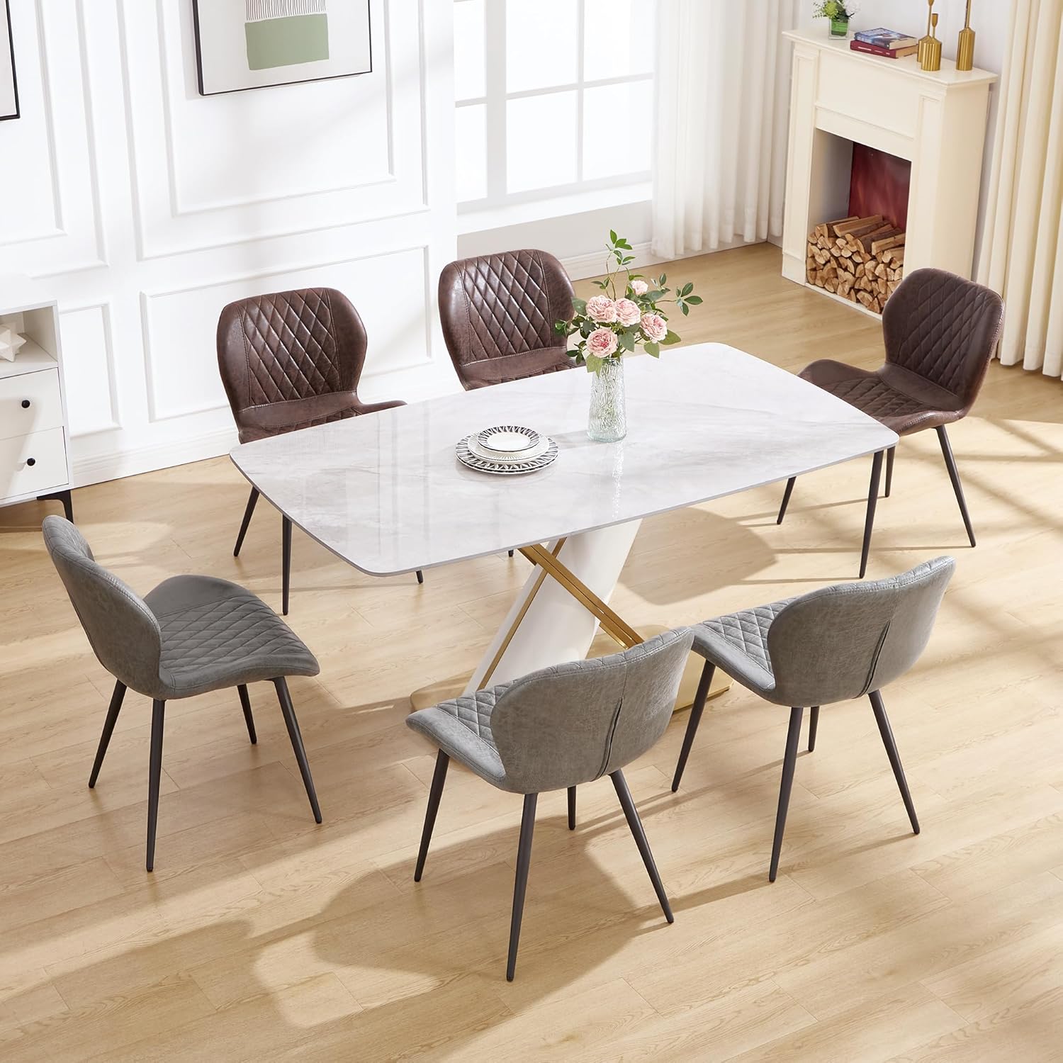 Dining Chairs Set of 4, Comfy Modern Dining Chairs with Thick Cushions, Upholstered Fabric Kitchen Side Chairs with Adjustable Metal Legs for Dining Room (Light Grey)