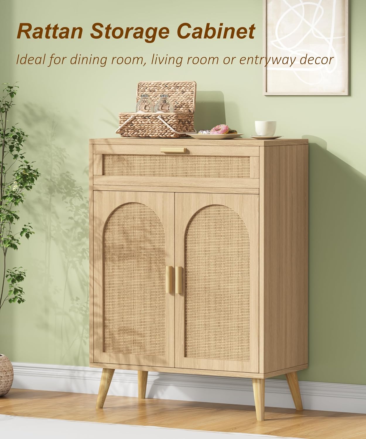 Rattan Sideboard Buffet Cabinet with Storage, Boho Sideboard with Drawer & Adjustable Shelf, Kitchen Floor Cabinet with 2 Doors & Solid Wood Feet, Coffee Bar for Entryway, Living Room, Natural Oak