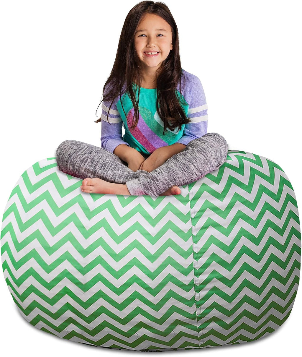 Posh Stuffable Kids Stuffed Animal Storage Bean Bag Chair Cover - Childrens Toy Organizer, X-Large 48" - Pattern Chevron Green and White