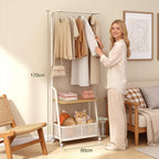 Coat Rack Freestanding with Wheels, 3-Tier Storage Garment Rack with Storage Basket, Rolling Organizer for Coats, Hats, Bags & Clothes, Coat Hanger Stand for Entryway Bedroom (H 66.9" x W 24)