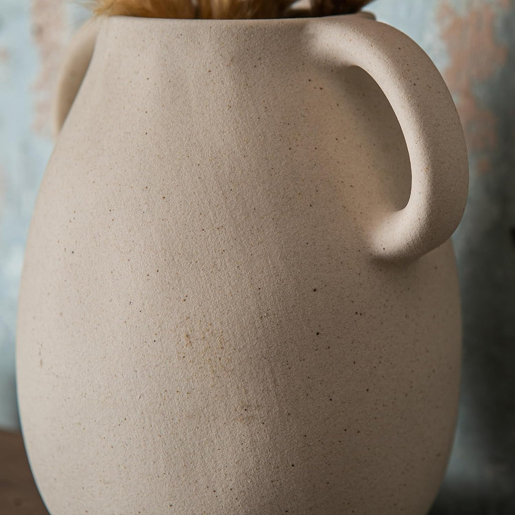 Tanvecle Off-White Ceramic Vase with 2 Handles, Sandstone Texture for Modern Farmhouse Decor, Rustic Pottery, Decorative Flower Vase, Clay Small Vase, Centerpiece for Dining Table - 7 Inch Tall