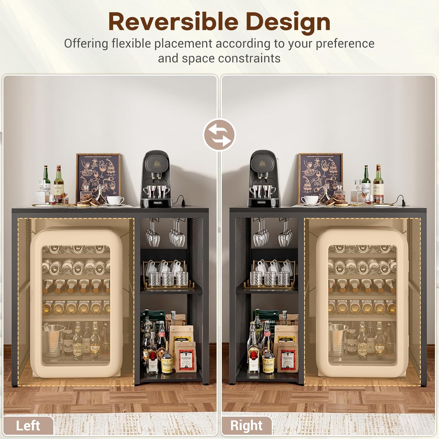 Homieasy Mini Fridge Cabinet with Power Outlet, Coffee Bar Cabinet with Mini Fridge Space, Industrial Liquor Cabinet with Wine Storage & Glass Holder for Dorm, Living Room, Home Kitchen, Black