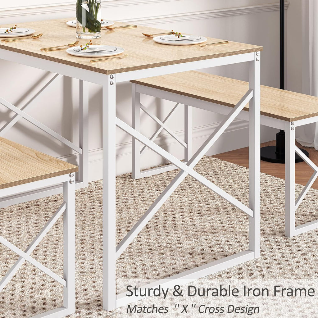 VECELO 43.3" Kitchen Dining Table Set for 4, Heavy-Duty Steel Frame & Wood-Grain Tabletop, Space-Saving Dinette Sets with 2 Benches for Breakfast Nook and Small Space, Natural