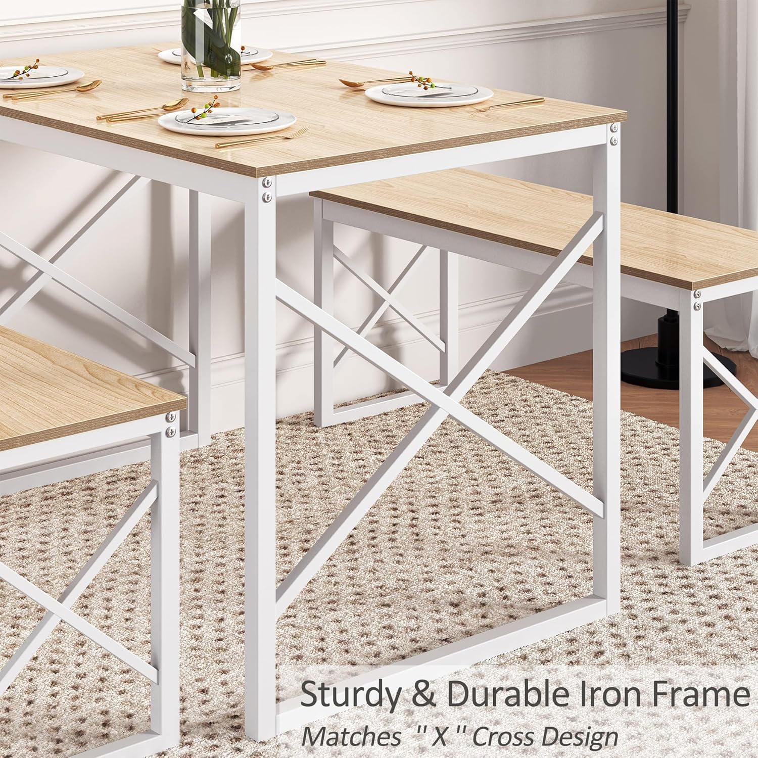 VECELO 43.3" Kitchen Dining Table Set for 4, Heavy-Duty Steel Frame & Wood-Grain Tabletop, Space-Saving Dinette Sets with 2 Benches for Breakfast Nook and Small Space, Natural