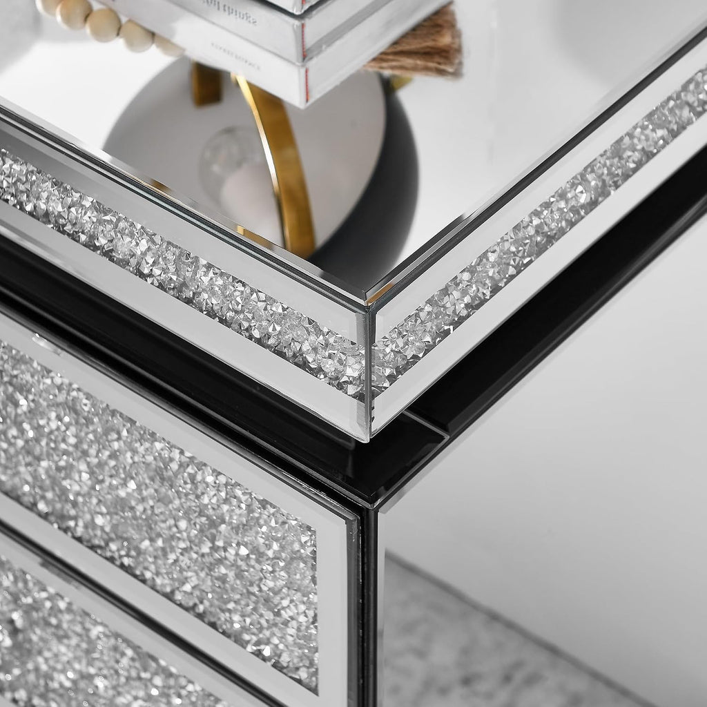 KEIKI Mirrored Nightstand with 3 Drawers, Nightstand with Crystal Inlay, Mirror End Table, Modern Bedside Table, Glass Table for Bedroom, Silver