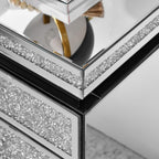 KEIKI Mirrored Nightstand with 3 Drawers, Nightstand with Crystal Inlay, Mirror End Table, Modern Bedside Table, Glass Table for Bedroom, Silver