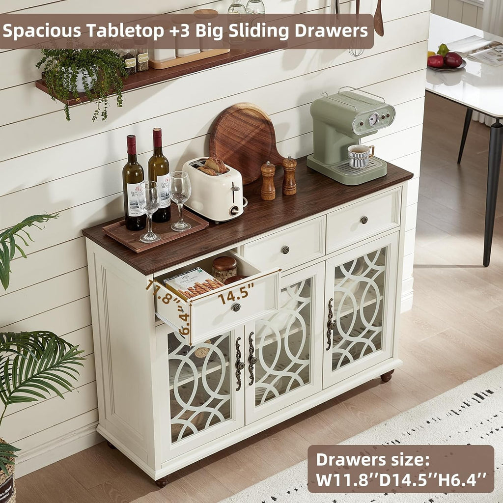 Joaxswe Farmhouse Sideboard Buffet Cabinet with Storage,48" Large Credenza with 3 Glass Doors & 3 Drawers,Adjustable Shelves Console Table,Wood Kitchen Coffee Bar for Dining Room,Living Room,White