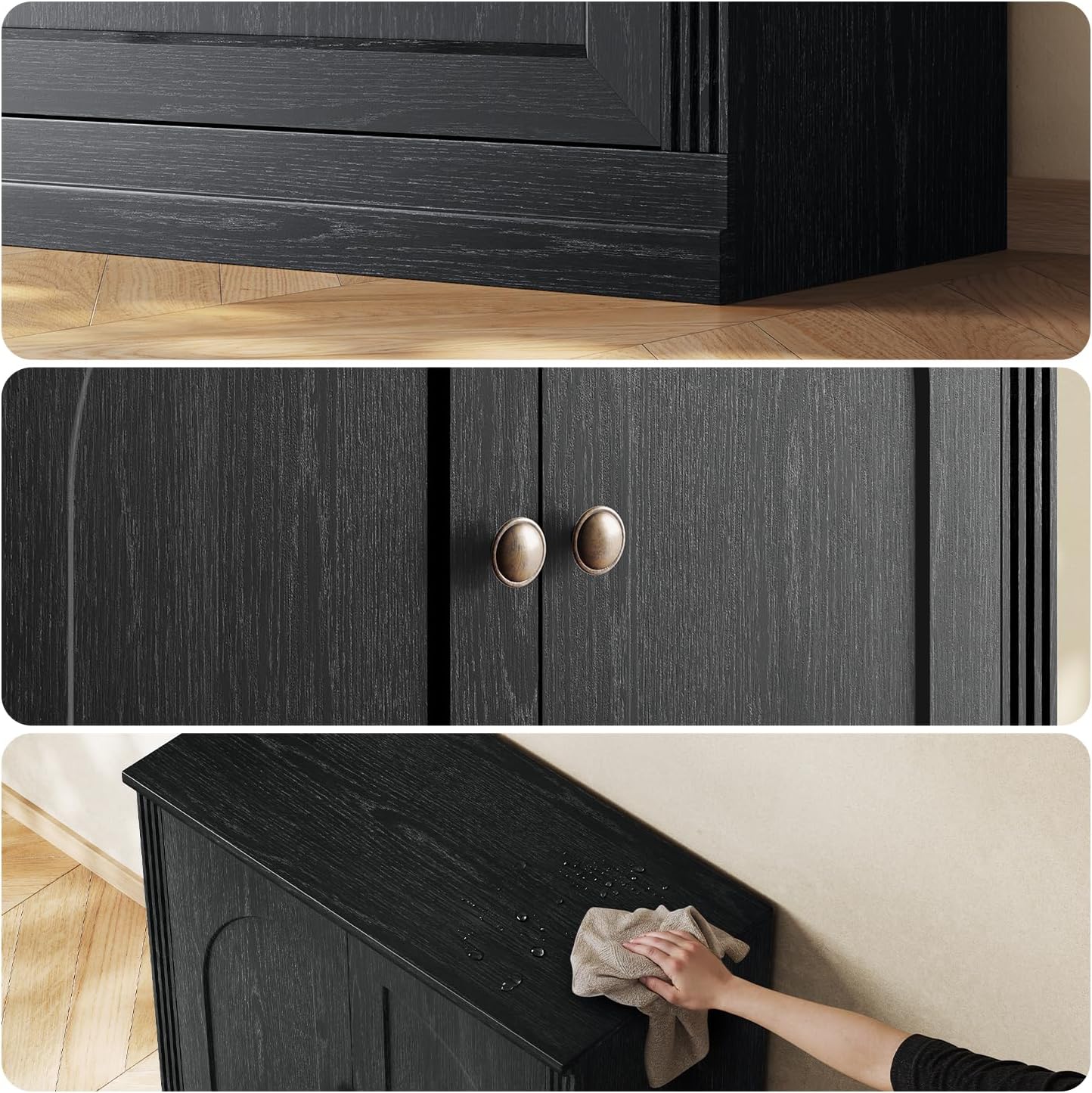 CHIC HOUSE Monos Storage Cabinet with Doors & Shelves, Modular Fluted Accent Arched Cabinet, Sideboard Buffet Coffee Bar Kitchen Pantry Cabinet, Media Console Credenza for Living Room, Black