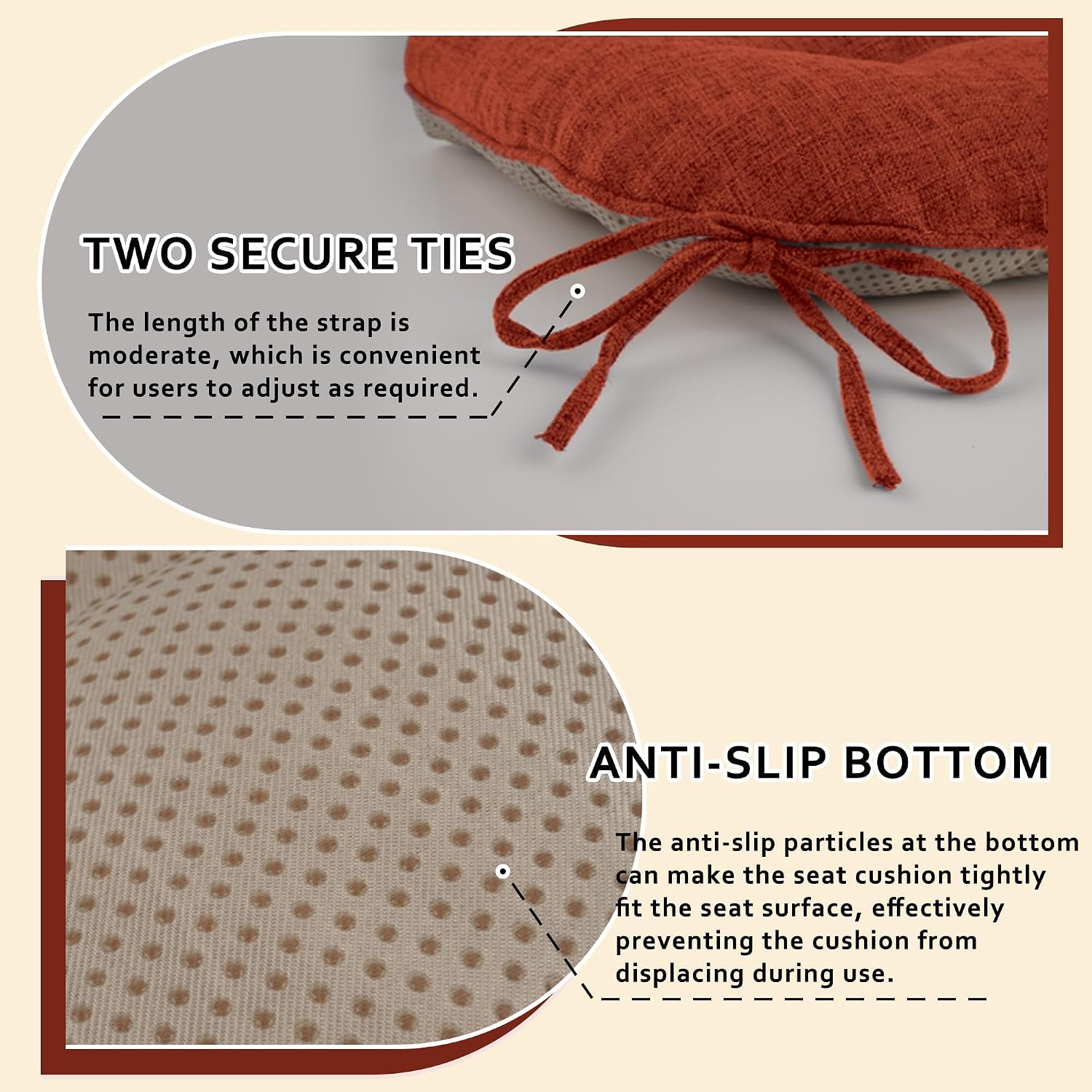 ELFJOY Chair Cushions for Dining Chairs 18" x 18" x 3" Kitchen Chair Cushions Set of 4 Tufted Chair Pads with Ties and Non-Slip Backing Comfortable Seat Cushion for Indoor Dining Room (Rust)