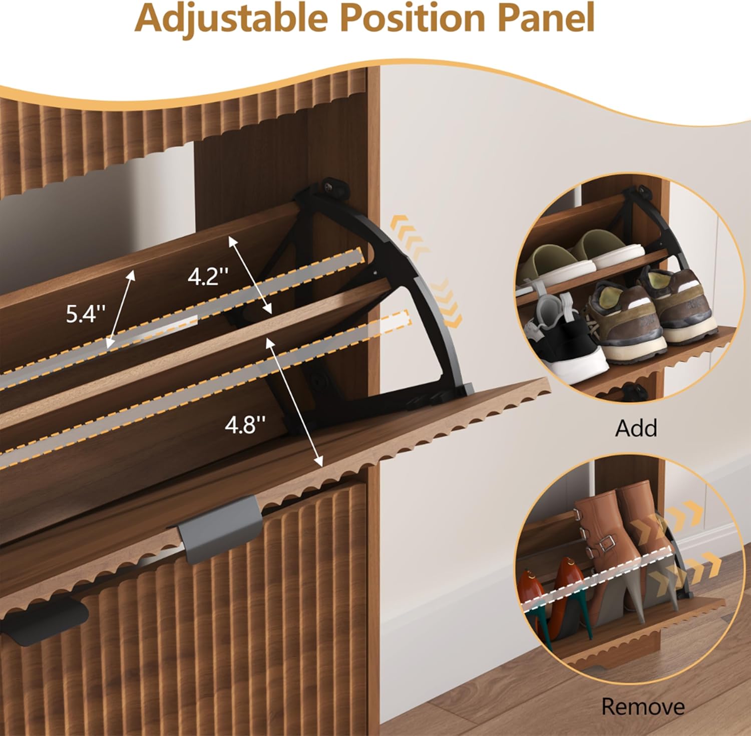 HUANLEGO Shoe Cabinet Storage for Entryway with 2 Flip Drawers, Walnut Fluted Shoe Cabinet with Open Storage, Wooden Hidden Shoe Rack Freestanding Narrow Slim Shoes Organizer for Hallway, Entrance