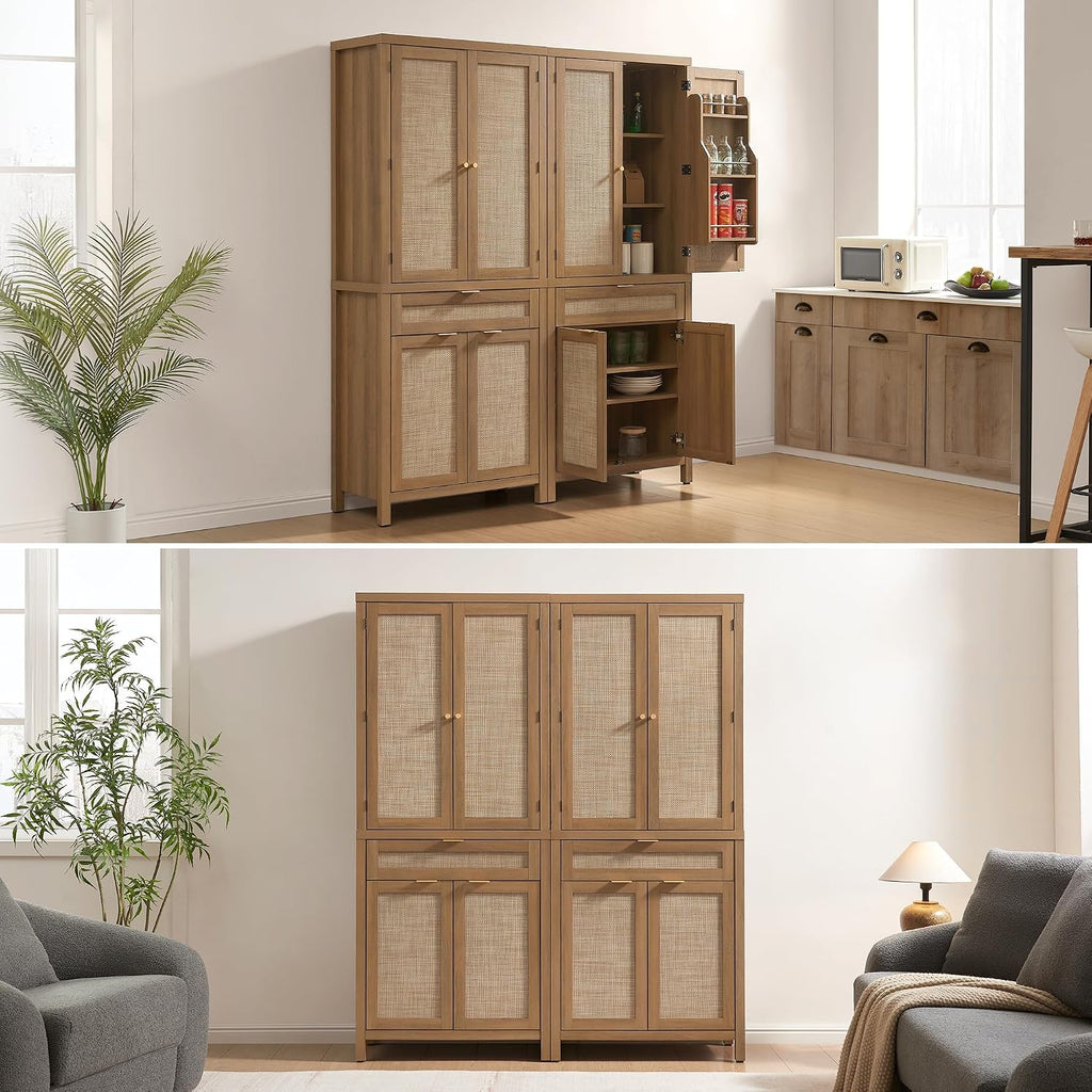 SICOTAS 72" Tall Pantry Cabinet - Rattan Kitchen Storage Cabinet with Large Drawer & 4 Doors, Farmhouse Freestanding Cupboard Pantry with Storage for Living Room, Dining Room, Oak
