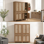 SICOTAS 72" Tall Pantry Cabinet - Rattan Kitchen Storage Cabinet with Large Drawer & 4 Doors, Farmhouse Freestanding Cupboard Pantry with Storage for Living Room, Dining Room, Oak