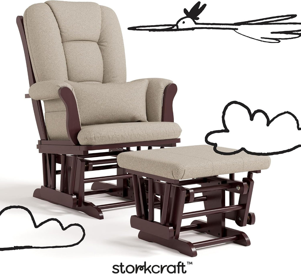 Storkcraft Tuscany Glider & Ottoman and Lumbar Pillow, Espresso/Taupe Swirl | GREENGUARD Gold Certified, Bonus Lumbar Cushion Included, Solid Wood Base, Smooth Motion, Award-Winning Nursery Rocking Chair