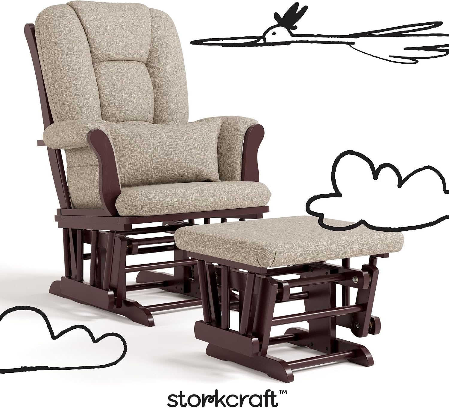 Storkcraft Tuscany Glider & Ottoman and Lumbar Pillow, Espresso/Taupe Swirl | GREENGUARD Gold Certified, Bonus Lumbar Cushion Included, Solid Wood Base, Smooth Motion, Award-Winning Nursery Rocking Chair