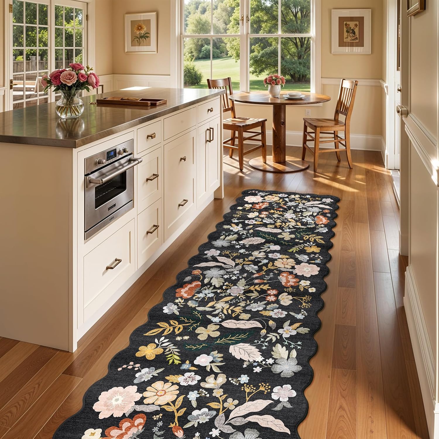 3x12ft Long Hallway Runner Rug - Non Slip Washable Floral Floor Runner for Kitchen Entryway Bathroom，Boho Low Pile Thin Rubber Backed Scalloped Carpet Runner (Black, 3x12)