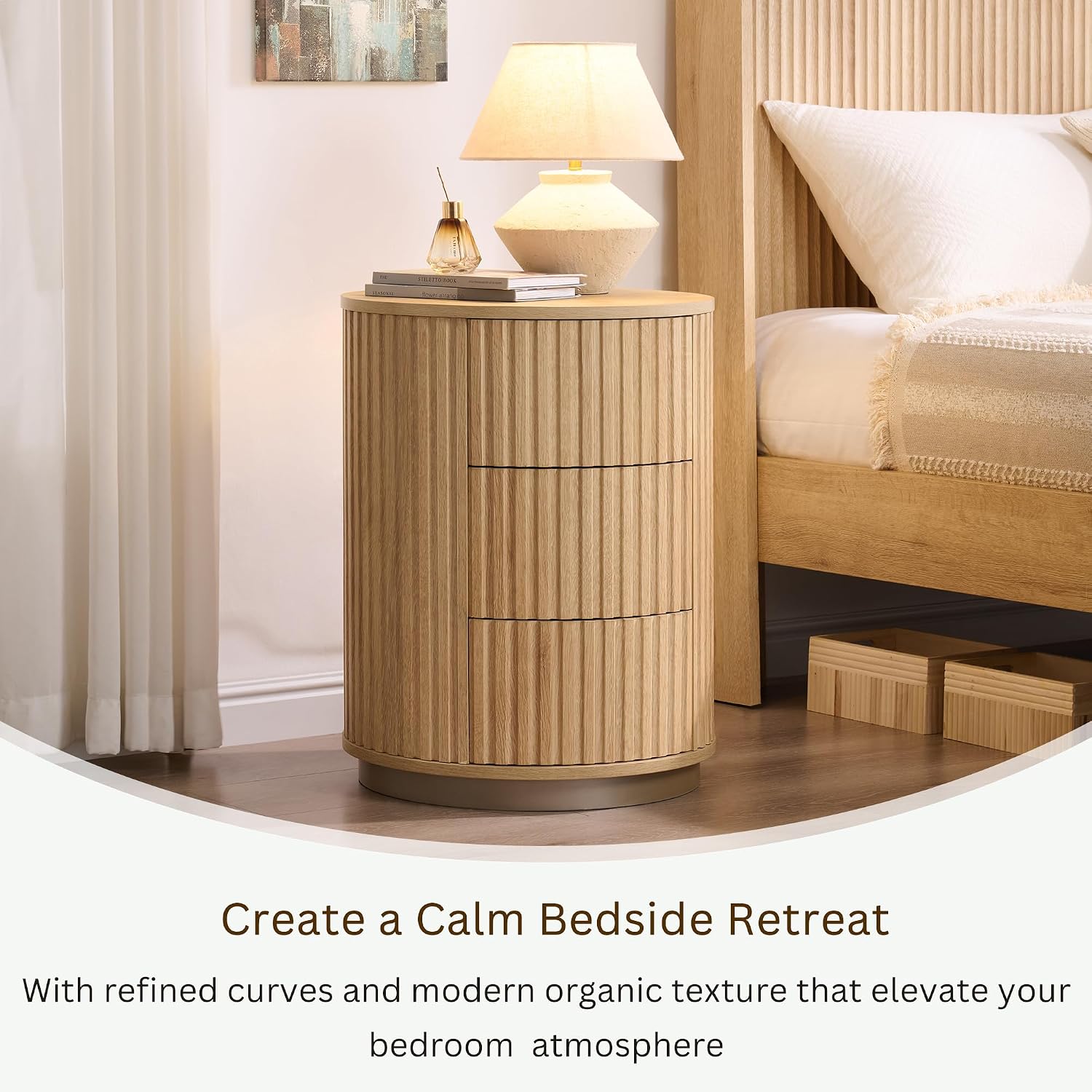 JXQTLINGMU Fluted Nightstand Set of 2 with 3 Push-to-Open Drawers, 24" Tall Round Side Table, Modern Wood End Table for Bedroom, Living Room or Small Spaces, Natural Oak