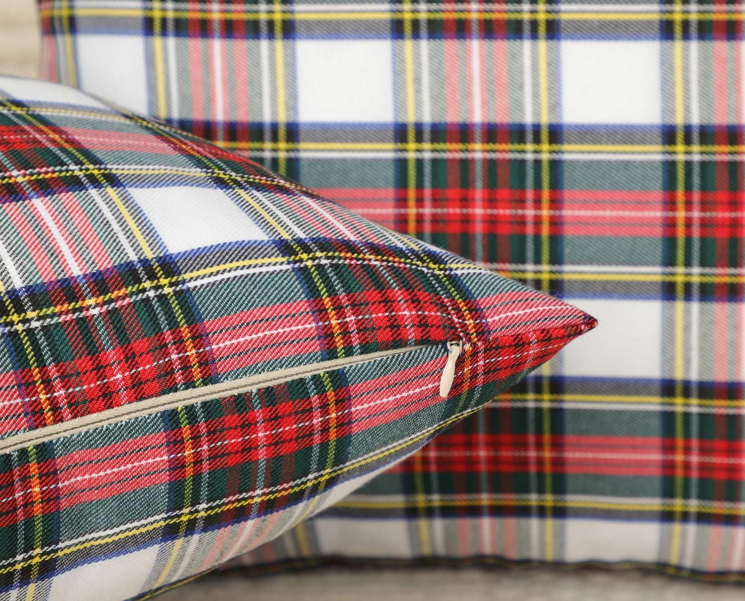 4TH Emotion Set of 2 Christmas Scottish Tartan Plaid Throw Pillow Covers Cushion Case Polyester for Farmhouse Home Decor Red and White, 20 x 20 Inches