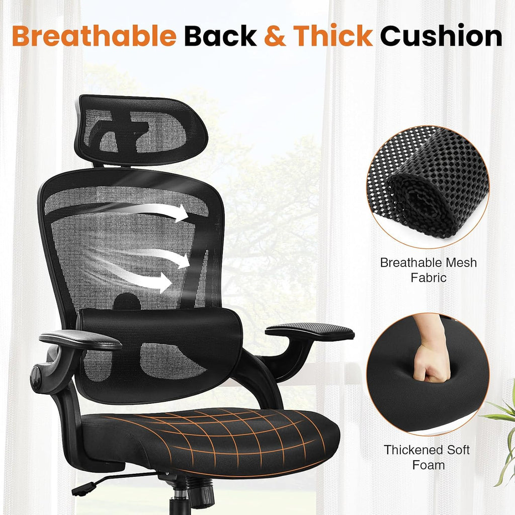 DUMOS Executive Office Ergonomic Desk Chair, 300 LBS Home Mesh Chairs with Wheels, 2D Headrest, Up&Down Lumbar Support, Swivel High Back Computer Chair with Flip-up Armrests, Black